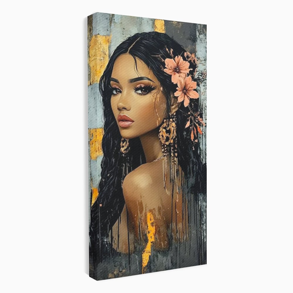 Tablou canvas cu tablou canvas cu femeie si flori in par, fara rama, pe sasiu de lemn